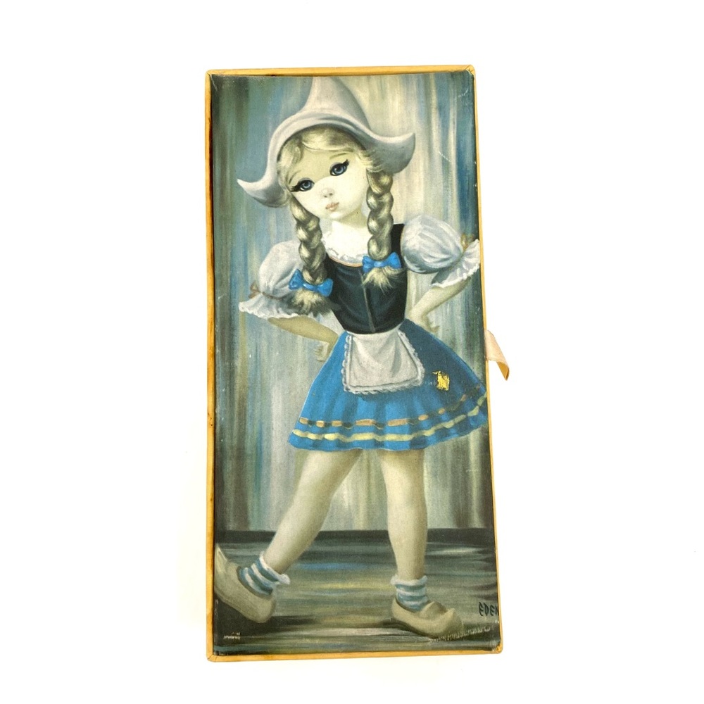 Vintage Jewelry Box 1960s BIG EYE Dutch girl Satin Storage Box.